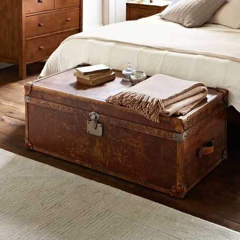 Our leather Houston End of Bed Trunk is distinguished, charming and full of character. We adore the hand-studded detail, leather handles and butterfly corners. This is a fantastic addition to any bedroom and creates the perfect finishing touch to the end of your bed. Now with 10% off in our Summer Sale. Don't miss out! Luxury Bedroom Furniture, Leather Trunk, Trunks And Chests, Storage Trunks, Vintage Trunks, Storage Trunk, Bedroom Decor Design, Vintage Bedroom, Perfect Bedroom