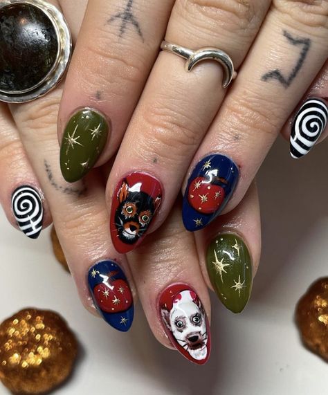 Quirky Nail Ideas, Nail Designs Cool Unique, Twee Style Nails, Punk Christmas Nails, Wes Anderson Nails, Eclectic Nail Art, Fantastic Mr Fox Nails, Silly Nail Art, Indi Nails