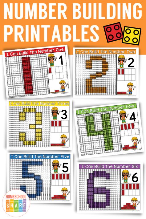 Build with LEGO Numbers Printables - Homeschool Share Lego Numbers Printable, Lego Numbers, Free Lego, Prek Math, Kindergarten Math Activities, Construction Theme, Homeschool Kindergarten, Homeschool Lesson, Counting Activities