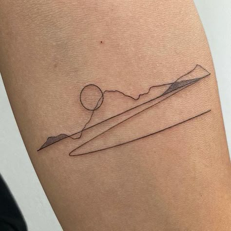 Mountain Dainty Tattoo, Forearm Landscape Tattoo, Linear Mountain Tattoo, Leave No Trace Tattoo, Artsy Mountain Tattoo, Lake Tattoos Women, Mountain River Tattoo Simple, Mountain And Lake Tattoo Simple, Outdoor Fine Line Tattoo