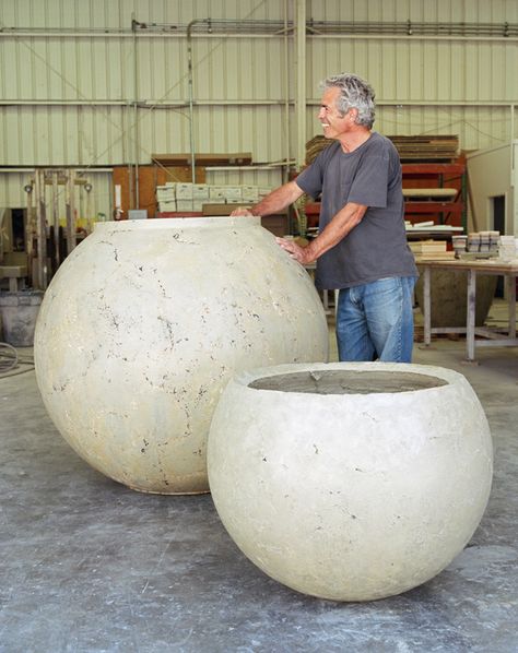 Buddy with Sphere Planters - Buddy Rhodes Studio Large Concrete Planters, Diy Cement Planters, Garden Spheres, Diy Concrete Planters, Concrete Bowl, Concrete Diy Projects, Cement Art, Concrete Furniture, Cement Planters