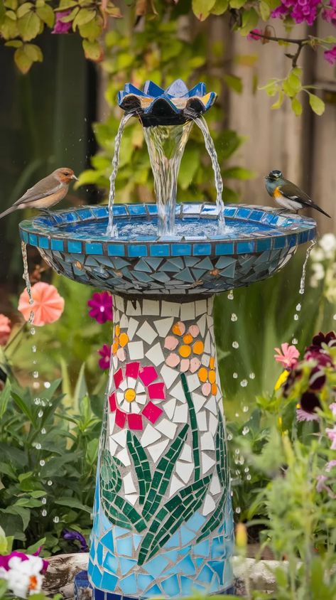 Broken Tile Mosaic Birdbaths provide an elegant and playful touch to the hippie garden. Diy Garden Ornaments, Hippie Garden Ideas, Broken Tile Mosaic, Mosaic Birdbath, Bohemian Garden, Hippie Garden, Connection With Nature, Tile Mosaic, Diy Ornaments