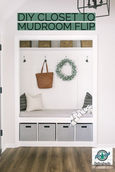 Update an old closet and DIY a mudroom! This cute entryway inspo creates more storage space for any home. Keep organized or set up cute kids' cubbies in your home. Click the link to find our Step-by-step process. Closet To Mudroom, Closet Mudroom, Closet Conversion, Closet Bench, Front Hall Closet, Entryway Inspo, Mudroom Remodel, Kids Cubbies, Mudroom Closet