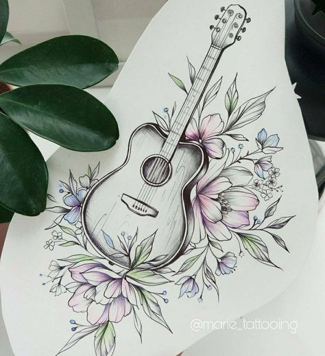 Acoustic Guitar With Flowers Tattoo, Music Flowers Drawing, Musical Rose Tattoo, Cool Guitar Drawings, Feminine Guitar Tattoo, Floral Guitar Tattoo, Guitar With Flowers Tattoo, Cute Guitar Drawing, Gutair Drawing