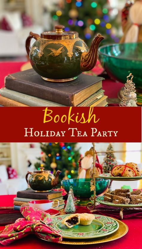 High Tea Party Ideas Table Settings, Tea Party For Men, Winter Tea Party Decorations, Themed Tea Party Ideas, Yule Tea Party, Ladies Holiday Party Ideas, Holiday Book Club Party, Book Tea Party, Book Themed Tea Party