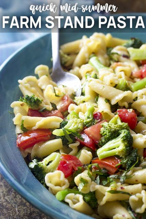 When the weather is hot it's time to go to the farm stand and make a fresh and simple vegetarian summer pasta! Great hot or cold, full of veggies, ripe tomatoes, and basil. | justalittlebitofbacon.com #summerrecipes #pastarecipes #italianrecipes #pasta #farmstand #vegetarian #vegan Light Summer Pasta, Pork Kebabs, Summer Pasta Recipes, Vegetable Salads, Tomato Pie, Summer Veggies, Cold Salad, Cooked Veggies, Ripe Tomatoes