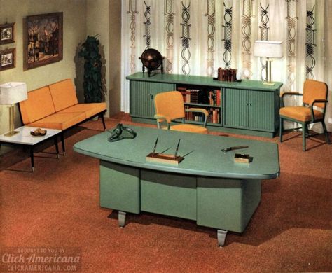 The way offices used to look: Vintage office furniture and sleek mid-century modern desks from 1959 - Click Americana Mid Century Modern Office Furniture, Vintage Office Furniture, Retro Office Decor, Mid Century Office, Mid Century Modern Office, Mid Century Modern Desk, Retro Office, Mid Century Desk, Furniture Catalog