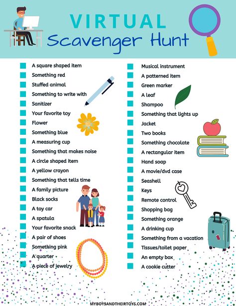 To go along with our virtual playdate ideas and neighborhood scavenger hunt, we’ve created this Virtual Scavenger Hunt Printable!  #printable #scavengerhunt #virtualgames #forkids #teambuilding #partygames #freeprintable Zoom Scavenger Hunt With Students, Esl Scavenger Hunt, Zoom Scavenger Hunt With Adults, Virtual Scavenger Hunt Ideas For Work, Google Scavenger Hunt, Remote Team Building, Virtual Games For Kids, Activities For Employees, Games To Play On Zoom