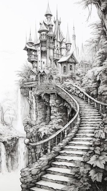 Forest Pencil Drawing, Drawing Of A Castle, Castle Drawings, Drawing Castle, Bridge Aesthetic, Bridge Drawing, Bridge Artwork, Castle Drawing, Chic Tattoo