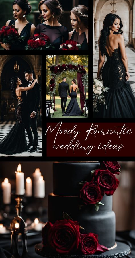 For couples who want to embrace a more dramatic, mysterious vibe for their big day, a dark and moody romantic wedding aesthetic could be the perfect fit. Moody romantic wedding Ideas and inspiration ceremony decor table decor, wedding gown bridesmaid dresses #darkmoodyromanticwedding #gothicwedding #enchantedwedding #moodyromanticweddingdecor Dark Fall Wedding Ideas, Dark Wedding Theme Black, Dark Romantic Wedding Theme, Black And Maroon Wedding, Weddings Inspiration Romantic, Dark Moody Romantic Wedding, Dark Wedding Aesthetic, Black Fall Wedding, Burgundy And Black Wedding