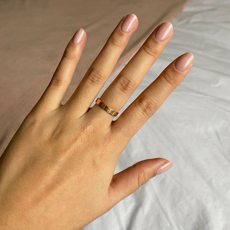 light pink gel polished short nails and a slim 18k pink gold cartier love ring / wedding band Love Wedding Band Cartier, Cartier Love Ring Gold, Cartier Love Ring Wedding, Cartier Love Ring Wedding Band, Love Ring Wedding Band, Love Ring Cartier, Cartier Wedding Band, Cartier Love Band, Cartier Wedding Bands