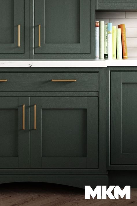 Unsure what accessories to use on dark toned kitchens? Why not try gold? Gold is timeless and classy a gives a modern contrast on dark toned kitchens. Bottle green is available on all of our paint-to-order kitchen ranges including classic shaker door styles like this Heritage Farnham range, as well as more modern styles. The Farnham range is available in 20 paint-to-order colours. Take a look at all colours or book a free design appointment by visiting mkm.com Heritage Green Kitchen, Bottle Green Kitchen, Scullery Ideas, Cashmere Kitchen, Kitchen Ranges, Gold Kitchen Accessories, Shaker Door Styles, Melrose Avenue, Order Kitchen