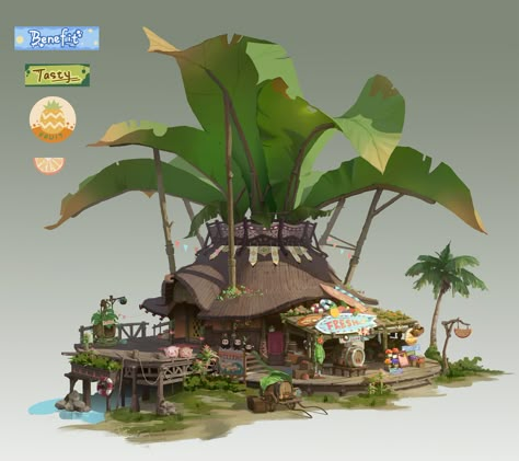 Tropical Concept Art, Cute Environment Concept Art, Fruit House, Market Concept Art, Fruit Tree, House Concept Art, Props Concept, Props Art, Island Art