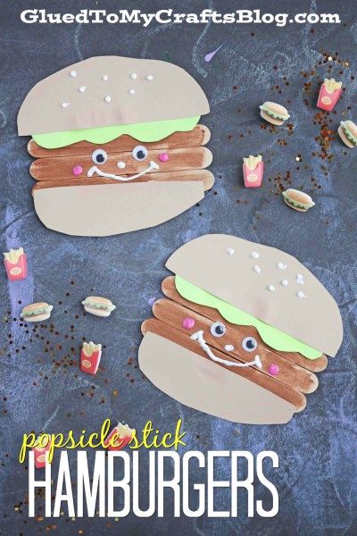 Popsicle Stick Hamburger Friends - Kid Craft Idea - Summer Camps, Family Barbecue Craft Bbq Crafts, Hobbies For Kids, Cheese Burger, Summer Crafts For Kids, Kid Craft, Popsicle Stick Crafts, Daycare Crafts, Popsicle Stick, Summer Camps