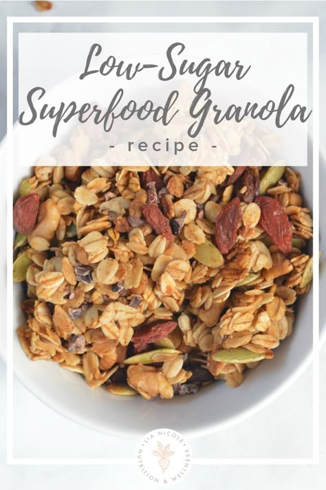 Low-Sugar Superfood Granola - Perfect for a healthy breakfast or snack! Click for the complete recipe! Dash Diet Granola Recipe, Healthy Granola Recipe Clean Eating, Low Cholesterol Granola, Superfood Granola Recipe, Heart Healthy Granola Recipe, No Sugar Added Granola Recipe, High Fiber Granola Recipe, Golo Diet Recipes Granola, Soft Chewy Granola Recipe