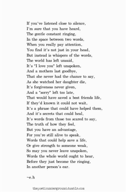 "If you've listened close to silence, I'm sure that you have heard, The gentle constant ringing, In the space between two words." Erin Hanson Poems, Eh Poems, Bold Quotes, Erin Hanson, Behind Blue Eyes, Peer Support, Recovery Quotes, Poems Beautiful, Deep Quotes