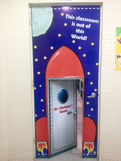 like the way it was decorated but mainly the words it said. It takes the person to think what will going on in that clasrrom. 0278 Preschool Door Decorations, Door Classroom, Teacher Door Decorations, Space Theme Classroom, Halloween Classroom Door, Summer Camp Themes, Classroom Images, Space Classroom, Flat House