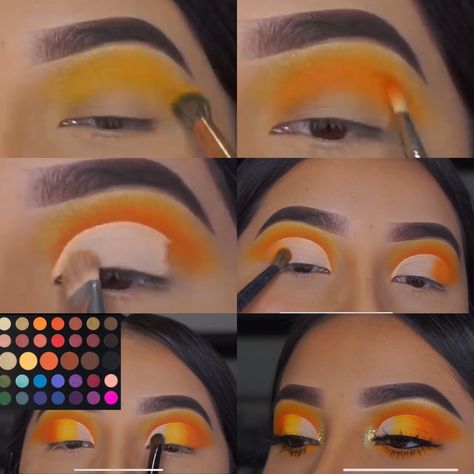 Orange And White Eyeshadow, Orange Eyeshadow Looks Tutorial, Yellow Orange Makeup Looks, Yellow Eyeshadow Looks Step By Step, Yellow Orange Eye Makeup, Yellow And Orange Eyeshadow Looks, Orange Eyeshadow Looks Step By Step, Orange And Blue Makeup Looks, Yellow Eye Looks