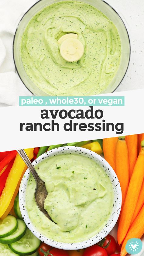 Creamy Avocado Ranch - This avocado ranch dressing recipe is everything I love about ranch dressing and avocados combined! It's an awesome dip for veggies, addition to tacos, or topping for salads. // Paleo Avocado Ranch // Vegan Avocado Ranch // Avocado Ranch Dip // Whole30 Avocado Ranch #paleoranch #avocadoranch #healthydip #avocado Whole 30 Avocado Dressing, Vegan Avocado Ranch Dressing, Avocado Veggie Dip, Vegan Avocado Dip, Homemade Avocado Dressing, Avacodo Ranch Recipes, Avocado Ranch Sauce, Avocado Ranch Dip, Avacado Ranch Dressing