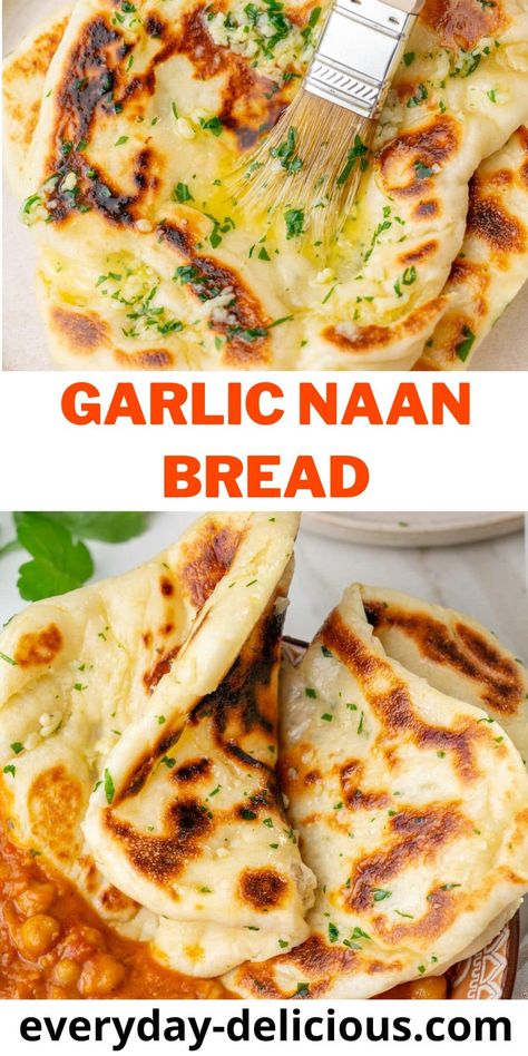 The most amazing Naan bread recipe - brushed generously with salted garlic butter, soft, chewy, and packed with flavor. With just a few basic ingredients and simple steps, you'll be able to whip up soft, fluffy naan bread that pairs perfectly with your favorite curries or as a tasty snack on its own. Garlic Naan Bread Recipe, Garlic Naan Bread, Naan Bread Recipe, Recipes With Naan Bread, Garlic Naan, Full Fat Yogurt, Dinner Bread, Dinner Side Dishes, Naan Bread