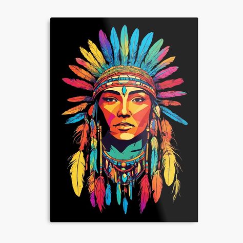 Get my art printed on awesome products. Support me at Redbubble #RBandME: https://www.redbubble.com/i/metal-print/rainbow-retro-of-native-american-with-feathers-by-Cosmicreations1/158549474.0JXQP?asc=u Feather Illustration, Rainbow Retro, Native American Heritage, Indigenous Art, A Metal, American Heritage, Brilliant Colors, Rainbow Colors, Science Poster