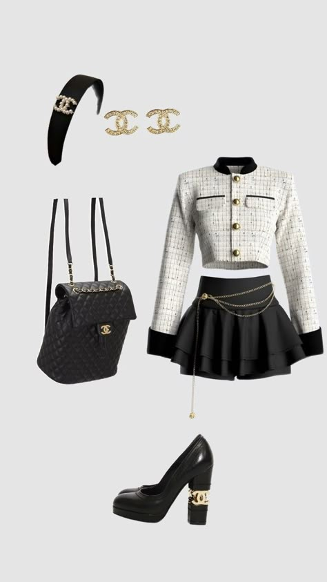 #fashion #chanel #outfits Two Piece Chanel Outfit, Chanel Outfit 90s, Kpop Outfits Polyvore, Black And White Chanel Outfit, Modern Chanel Outfit, Classy Chanel Outfit, Chanel Outfit Runway, Cute Chanel Outfits, Outfits With Chanel Bag