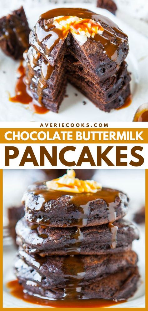 Time for some chocolate pancakes! You'll want to double this breakfast idea for busy mornings. Topped with homemade caramel sauce, these chocolate buttermilk pancakes are also a special brunch recipe! Pancakes Buttermilk, Double Chocolate Pancakes, Homemade Salted Caramel, Special Breakfast, Averie Cooks, Chocolate And Caramel, Thanksgiving Desserts Easy, Chocolate Pancakes, Salted Caramel Sauce