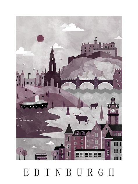 Edinburgh Art, Map Illustrations, Edinburgh Travel, Railway Posters, Poster City, Travel Postcard, Uk Destinations, Poster Illustration, Travel Illustration