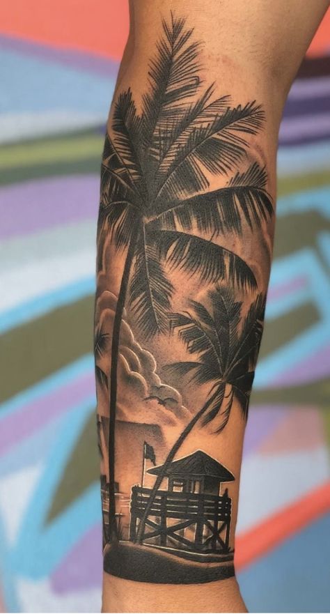 Dragon Tattoos For Men Calf, Tatoos Men Calf Ideas, Surfer Sleeve Tattoo, Beach Tattoo With Turtle, Environment Tattoo Nature, Mens Forearm Tattoos Quotes, Palm Trees Tattoo Men, Surf Tattoo Men, Beach Tattoo Men