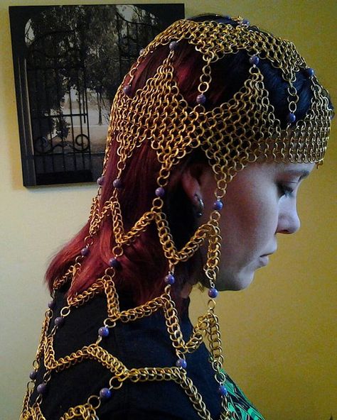 Long style beaded  Chainmail Headdress by CelestialChainmail Chainmail Headdress, Medieval Headwear, Chainmail Clothing, Chainmaille Jewelry Patterns, Fair Outfits, Chainmail Jewelry, Chainmaille Jewelry, Chain Maille Jewelry, Chain Maille