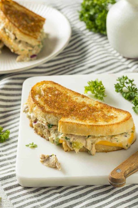 Enjoy a delicious grilled cheese with tuna salad sandwich. #tunasalad #sandwiches Tuna Creations Recipes, Starkist Tuna Creations Recipes, Healthy Chicken Sandwich Recipes, Tuna Salad Sandwich Recipe, Tuna Sandwich Recipes, Starkist Tuna, Tuna Salad Ingredients, Tuna Melt Sandwich, How To Make Tuna