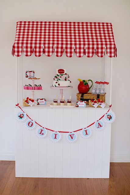 Strawberry Market Stall | CatchMyParty.com Stall Decorations, Strawberry Shortcake Birthday, Strawberry Shortcake Party, Picnic Theme, Strawberry Party, Summer Birthday Party, First Birthday Decorations, Market Stall, Birthday Diy