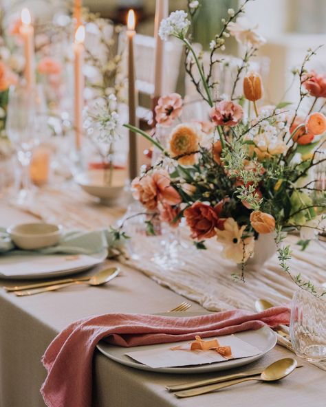 Table styling has got to be my most favourite decor part of a wedding - all the different elements coming together to create a magical space for eating, connecting and making memories 🧡 I chose to make hand-torn menus and hand made petal and gold flake wax seals and vellum name tags to complement the warm and cosy colour palette at @plasdinamcountryhouse Who says your napkins need to be the same? I love a mix and match style to create a thoughtfully curated table-scape 🍽️ The table offers ... Wedding Candles Table, Different Elements, Gold Flake, Table Scape, Table Styling, Future Wedding Plans, Got To Be, Event Ideas, Wedding Candles