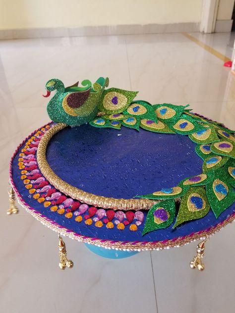 Peacock Aarti Thali Decoration, Peacock Thali Decoration, Arthi Plate Decoration, Peacock Plate Decoration, Unique Thali Decoration Ideas, Unique Arti Thali Decoration, Unique Aarti Thali Decoration Ideas, Aarti Decoration, Thali Design