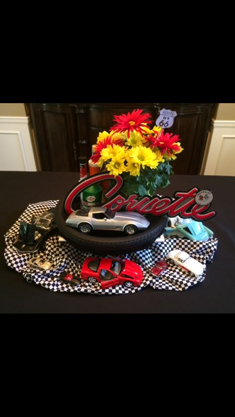 Corvette Centerpiece Sports Car Centerpiece, Car Show Decorations, Corvette Party Ideas, Car Centerpieces Ideas, Corvette Birthday Party Ideas, Classic Car Centerpieces Ideas, Race Car Centerpiece Ideas, Corvette Birthday, Mechanic Party