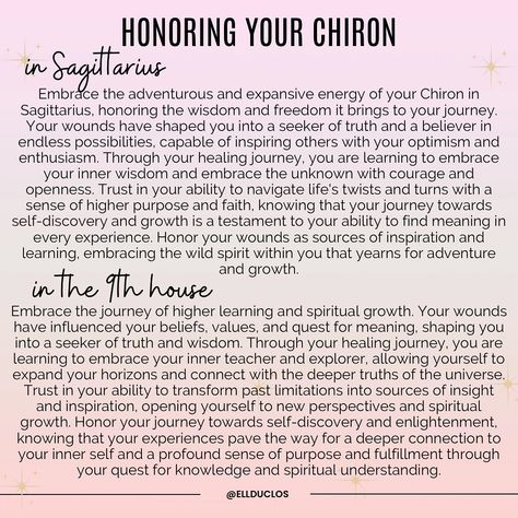 HONORING YOUR CHIRON ✨ Chiron in the natal chart can signify our deepest wound. Sometimes we choose not to face it, but through healing comes empowerment, growth, and inspiring transformations. 🫶 Part two. #healing #healingjourney #innerhealing #chiron #libra #scorpio #sagittarius #capricorn #aquarius #pisces #astrology #astrologyposts #astrologypost #astrologytips #growthmindset #healingwounds #selfdiscovery #personalgrowthquotes #personalgrowth #personalgrowthjourney Chiron In Sagittarius, Chiron Sagittarius, Astrology Houses, Pisces Astrology, Personal Growth Quotes, Aquarius Pisces, Sagittarius Capricorn, Scorpio Sagittarius, Libra Scorpio