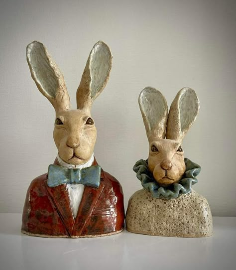 Created by Eeva Saunio Easter Pottery Ideas, Clay Rabbits, Ceramic Bunnies, Bunny Ceramic, Easter Pottery, Ceramic Rabbit, Coil Pottery, Cement Flower Pots, Ceramic Sculpture Figurative