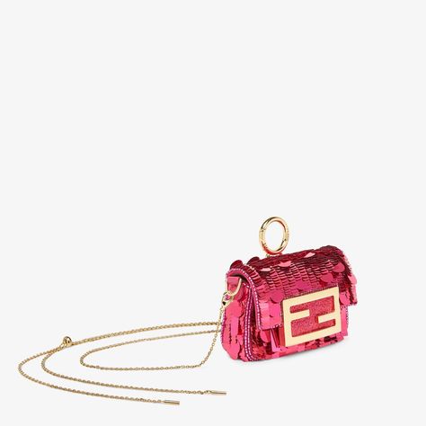 Nano Baguette Charm - Charm with fuchsia sequins | Fendi Mini Bag Keychain, Fendi Mini Bag, Pink Fendi, Fendi Pink, Crystals Pink, Fendi Logo Design, Fendi Store, Fendi Mini, Bag Keychain