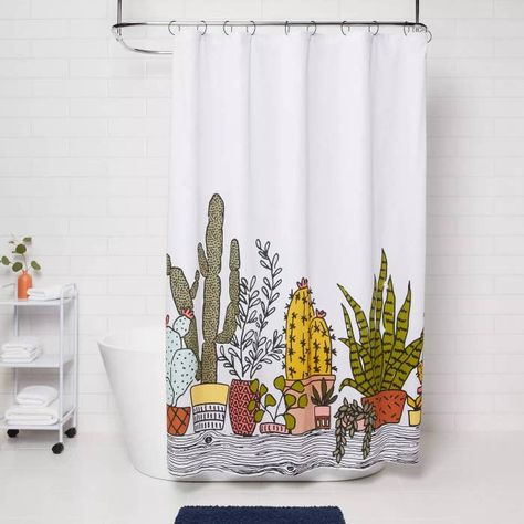 A super cool shower curtain with prints of plants and cacti that'll give your bathroom desert vibes. Most people forget to decorate their bathroom, but not you! Cactus Shower Curtain, Shower Curtain Green, Curtain Green, Plants Print, Curtain Room, Striped Shower Curtains, White Shower Curtain, White Shower, Green Room