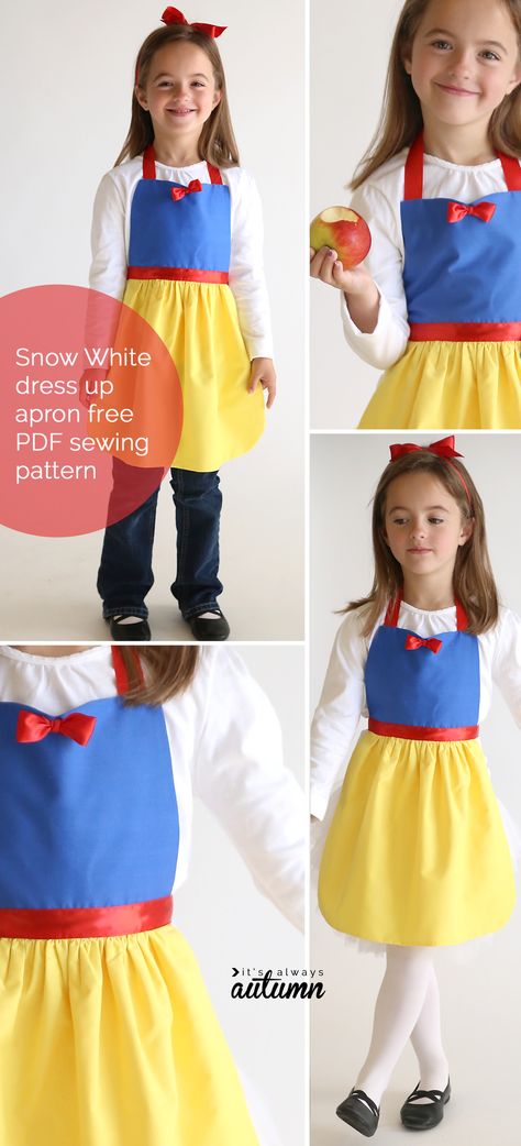 So adorable! Get the free PDF sewing pattern for this easy to make Snow White princess dress up apron in sizes 2-8 to fit any little girl! Easy DIY Snow White costume or dress up. Great handmade Christmas gift idea. More princess dress up apron patterns on this site too! Princess Aprons Diy Free Pattern, Easy Snow White Costume Diy, Snow White Diy Costume, Minnie Mouse Kostüm, Easy Sew Dress, Sew Gifts, Costumes Faciles, Snow White Princess Dress, Dress Up Aprons