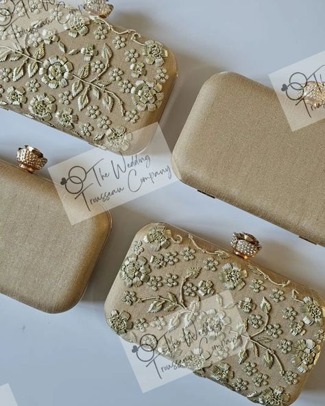 A set of gold on gold clutch bags with rose diamanté clasps ready to gift to some lucky bridesmaids #TheWeddingTrousseauCompany #bridalgifts #bridesmaidgiftideas #willyoubemybridesmaid #bridesmaidproposal #bridesmaids Gold Clutch Bag, Gold Clutch, Will You Be My Bridesmaid, Clutch Bags, Bridal Gifts, Clutch Bag, Gold, Quick Saves