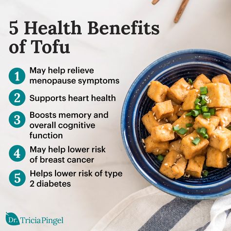 While it tends to get a bad rap due to its soy base, there are actually many tofu health benefits you may not be aware of. From fighting undesirable menopause symptoms to boosting your memory, tofu actually packs a lot of power. Check out this graphic and then click the link below to learn all about the many health benefits of tofu. I've even included a link to my all-time favorite tofu recipe I know you'll love! Health Facts Food, Tofu Recipe, Bean Curd, Flat White, Tofu Recipes, Soy Milk, Healthy Eating Recipes, Be Aware, Vegan Recipes Healthy