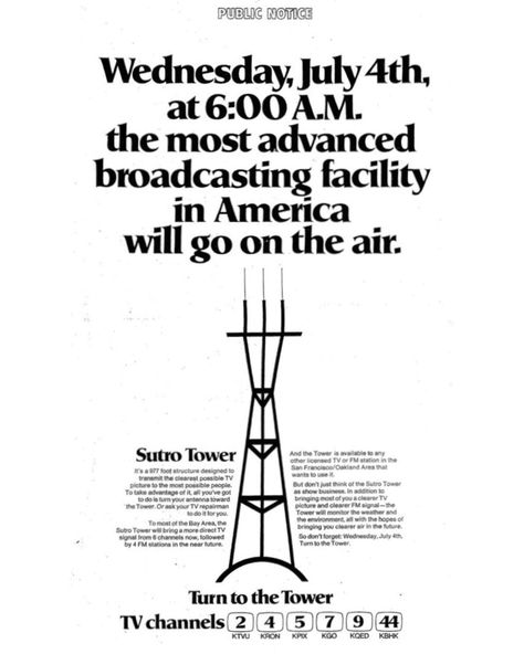 I was the most advanced tower when I was born and I still am after my recent antenna upgrade! 💁‍♂️💁‍♀️  --  REPOST @sfchronicle_vault  July 2, 1973: A big ad for a big tower appears in The Chronicle two days ahead of Sutro Tower’s electrifying debut.  #sutrotower #sanfrancisco #bayarea #sf #sanfranciscobay #sanfranciscobayarea #sanfranciscolife #sanfranciscoart #sanfranciscoartist #sanfranciscostreetart #sanfranciscostreets #sfsutrotower Sutro Tower Tattoo, San Francisco Twin Peaks, Studio Layouts, Mission District San Francisco, Big Tower, Sutro Tower, Big Ads, San Francisco Streets, Studio Layout