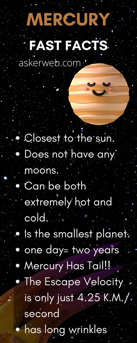 1. In the Mercury, one day= two years:
2. Crazy and the most extreme temperature fluctuation in the solar system:
3. Caloris Basin is the largest crater on the Mercury;
4. Mercury has long wrinkles:
5. Discovery Rupes scrap:
6. The Escape Velocity of Mercury is only just 4.25 K.M./ second:
7. Mercury is nothing but a rocked planet with molten core:
8. Mercury Close-up:
9. Mercury’s Transit across the Sun:
10. Mercury Has Tail! Mercury Planet Project, Solar System Quotes, What Is Universe, Facts About Solar System, Facts About Each Planet, Astronomy Study, Mercury Facts For Kids, Mercury Aesthetic, How To Remember Planets Solar System