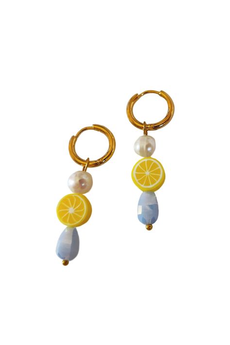 Lemon fruit earrings, Polymer clay lemon huggies, Mini gold stainless steel hoops, Freshwater pearl hoops, Light blue teardrop earrings by LeChatAccessories on Etsy Lemon Earrings Polymer Clay, Polymer Clay Lemon, Trendy Dangle Earrings With Fruit Design, Polymer Clay Lemon Slice, Citrus Earrings, Lemon Earrings, Number Gifts, Lemon Fruit, Fimo Beads