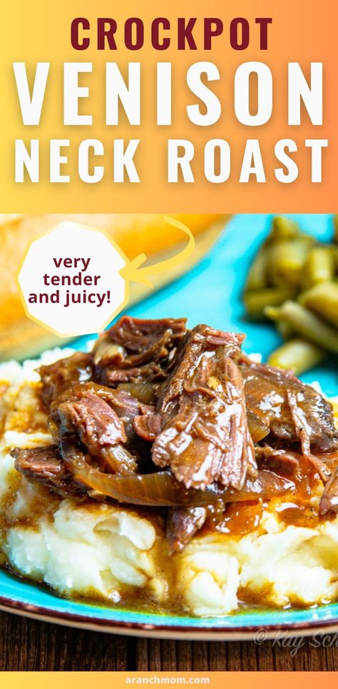 juicy venison meat on mashed potatoes Deer Neck Roast Recipes, Crock Pot Deer Roast, Crock Pot Venison Roast, Deer Roast Crockpot Recipes, Crockpot Venison Roast, Deer Roast In Crockpot, Elk Roast Recipe Crockpot, How To Cook Deer Roast Crock Pot, Venison Crockpot Recipes Roasts