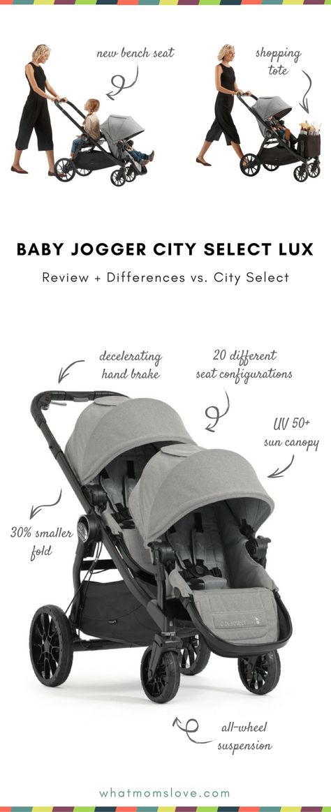 Baby Jogger City Select LUX Review - differences between City Select | Best Double Stroller for infant and toddler - can be used as travel system with car seat, pram and lots of accessories! Double Stroller, Twin Strollers With Car Seats, Cybex Gazelle Stroller, City Select Double Stroller Hacks, Double Stroller For Baby And Toddler, Joovy Double Stroller, Best Jogging Stroller, Twin Pram Double Strollers, Double Stroller For Infant And Toddler