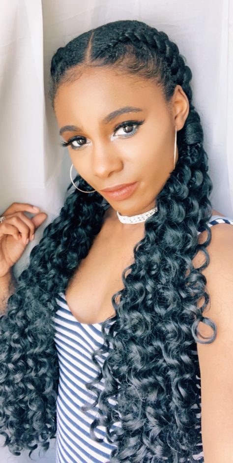 Duch Braids Black Women, Black French Braid Hairstyles, Two Braids With Curly Ends, 2 French Braids Extensions, Two Long French Braids Black Women, French Braid Extensions, Braided French Braids, French Braids With Extensions, Braid Ponytail Tutorial