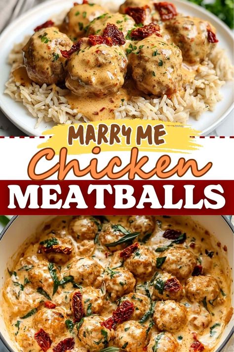 It's impossible to say no to these Marry Me chicken meatballs! The creamy, sun-dried tomato sauce is pure heaven on earth. Chicken Meatballs And Sauce, Meals With Chicken Meatballs, Recipes For Meatballs Dinners, Marry Me Chicken Meatballs Recipe, Chicken Meatball Dishes, Creamy Meatball Recipes, What To Make With Chicken Meatballs, Creamy Chicken Meatballs, Italian Meatball Sauce Recipes