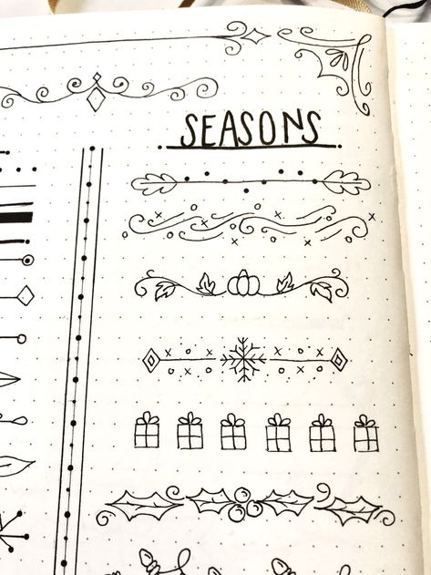 Winter Bujo Doodles, Bujo Date Headers, Journal Headings Ideas, Dotted Notebook Ideas Aesthetic, Bujo Decoration Ideas, Bujo Art Ideas, Reading Journal Doodles, Border Journal Ideas, Dot Journal Doodles